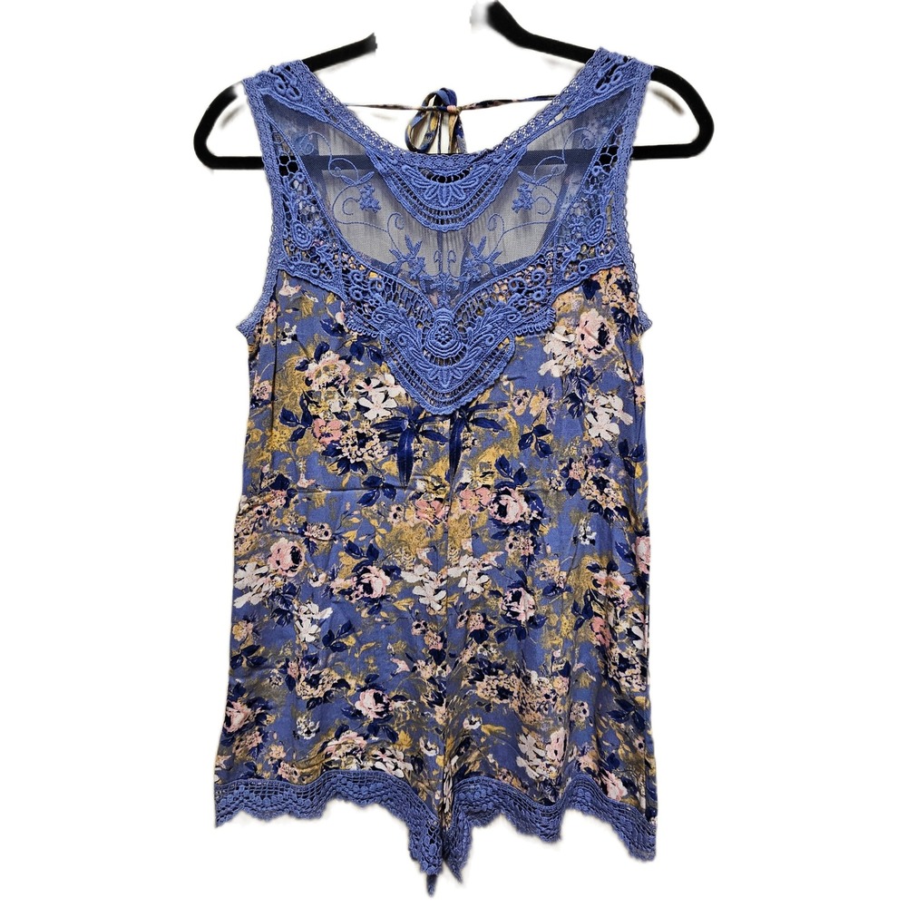Xhilaration Blue Floral Crochet Lace Mesh Detail Sleeveless BOHO Romper Size S
